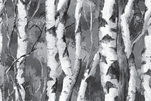 Seamless birch tree camouflage pattern in grayscale for winter hunting gear, apparel design, fabric, and nature decor.