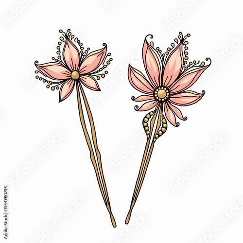 A beautiful pair of elegant, fantasy-inspired floral hairpins, intricately designed with delicate pink flowers for a whimsical and romantic hair accessory.
