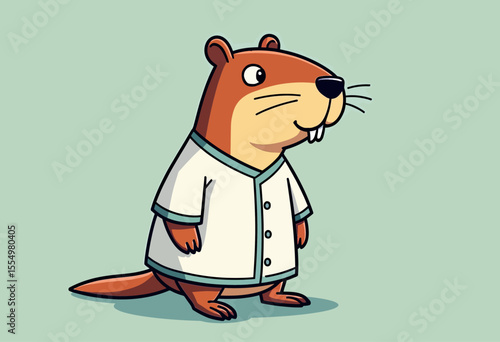 A charming cartoon beaver or gopher character in a professional white jacket, designed as a friendly and approachable mascot for a dental clinic or a brand.
