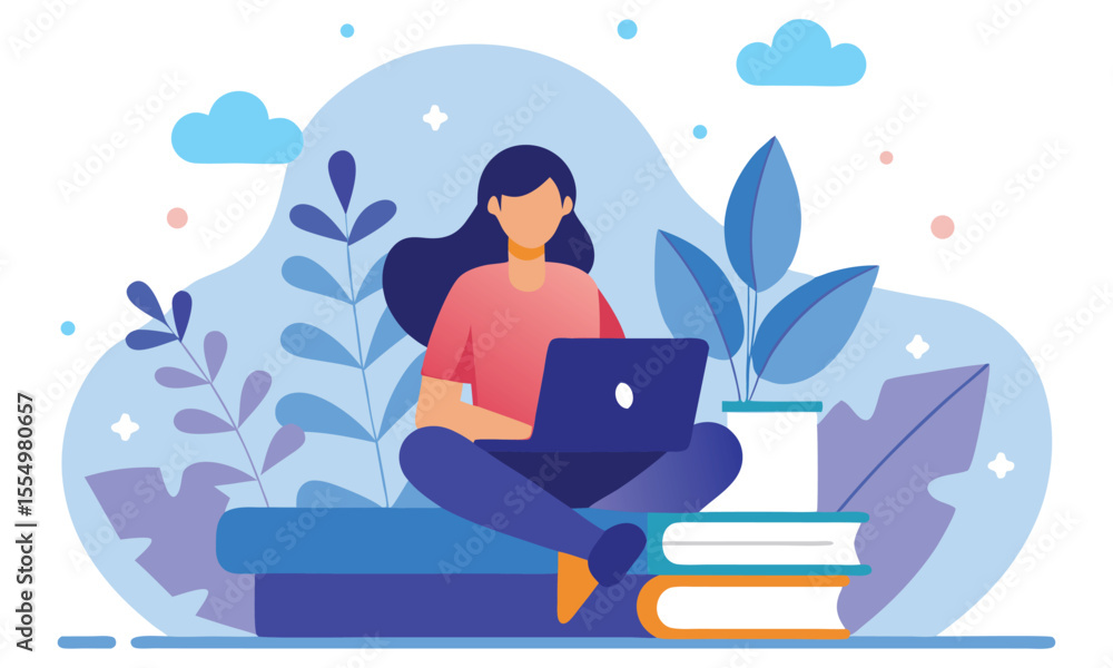 A young woman sits cross legged on a stack of books typing on her laptop amidst abstract shapes and plants symbolizing education and remote work A young woman sits cross legged on a stack of books typing on her laptop amidst abstract shapes and plants symbolizing education and remote work