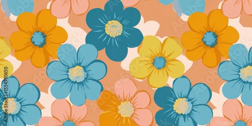 Wallpaper Mural Retro floral pattern, peach background, colorful flowers, textile design Torontodigital.ca