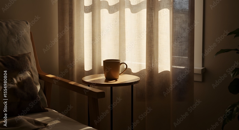 custom made wallpaper toronto digitalCozy minimalist corner with warm sunlight, ceramic cup, and linen curtain symbolizing peaceful slow living at home