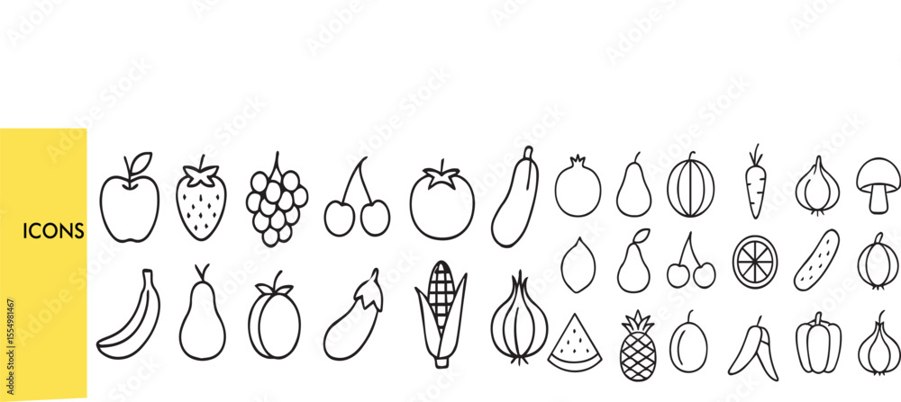 Naklejka premium Fruits and Vegetable Vector Icon Set – Apple, Banana, Orange, Watermelon, Tomato, Cucumber & More