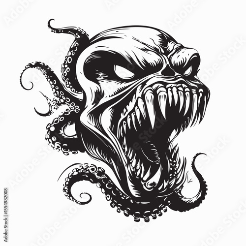 Terrifying Octopus Monster With Sharp Teeth and Menacing Face Vector Illustration