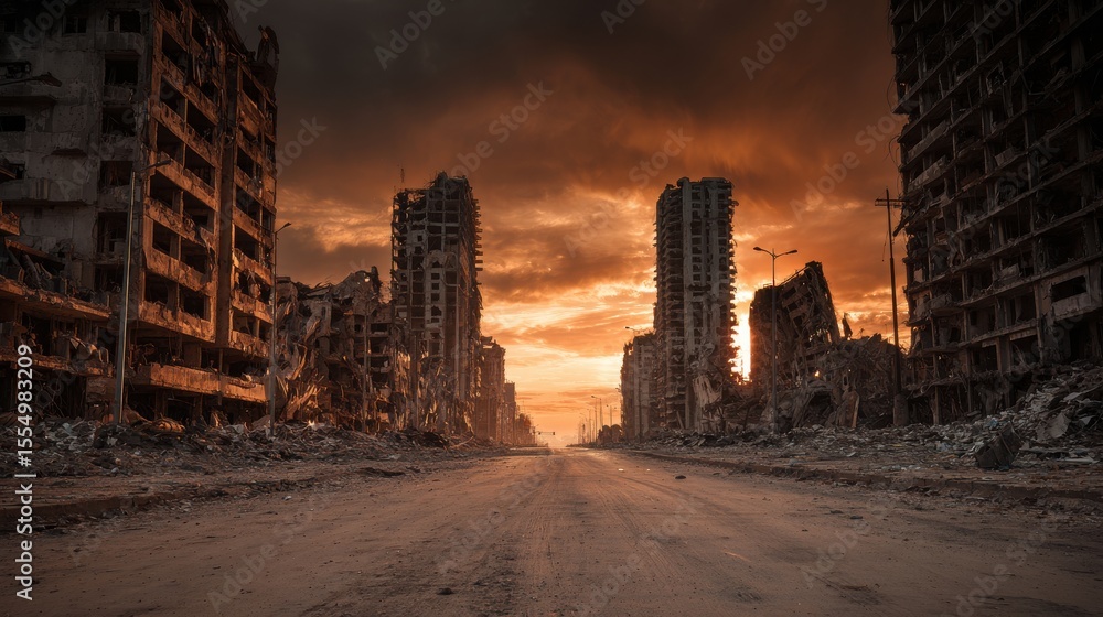 Stunning photo of empty street of burnt up city. Apocalyptic view of city downtown as disaster film poster concept. City destroyed by war. Stunning photo of empty street of burnt up city. Apocalyptic view of city downtown as disaster film poster concept. City destroyed by war.