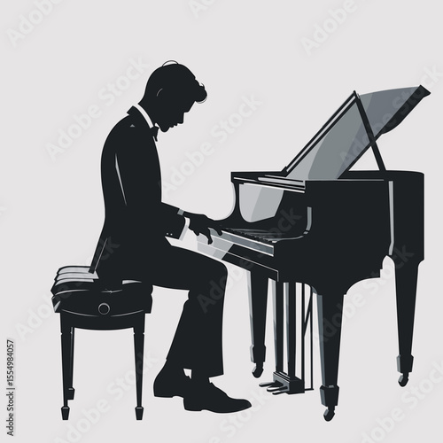 Stylized silhouette of a pianist playing grand piano on light background for design concept