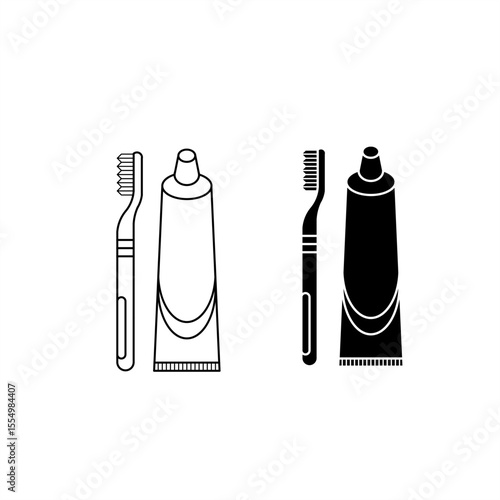 Toothbrush and Toothpaste Icon Set in Outline and Solid Style
