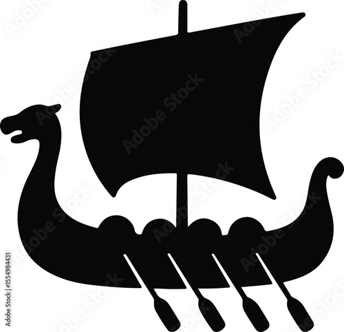 Silhouette viking ship drakkar boat norse with sail Vector illustration