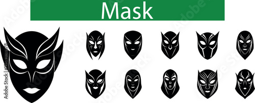 Collection of stylized black masks with white accents in a silhouette style isolated on transparent background
