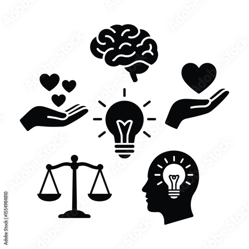 Creative Mind: An emblem of intellectual and compassionate ideation, fusing the essence of innovation, compassion, and rational thought within one symbolic representation.
