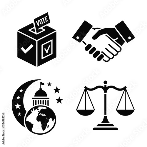 Democracy and Justice: An artful assemblage of emblems symbolizing the bedrock of governance and fairness, perfect for illustrating the principles of democracy, collaboration, and legal equilibrium.