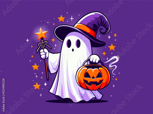 Cute ghost. Happy Halloween greeting card with phantom ghost. Cartoon ghosted spirit. Funny spirit. Holiday cute ghost cartoon character vector illustration. Friendly ghost. Purple background
