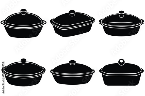 Collection of black and white silhouettes of covered pots and pans