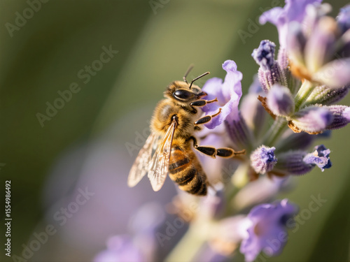 Macro photography of a honeybee on lavender flower with natural light, sharp details, blurred background (bokeh)