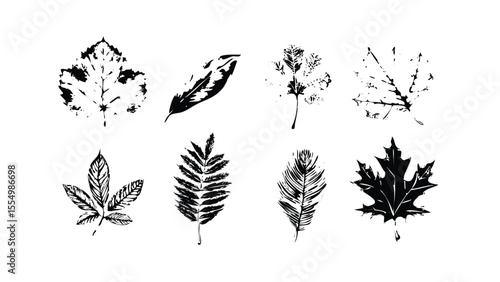 Tree Leaves Icon Pack in Stipple Ink Style. Black and White Vector Collection of World Foliage. Detailed Botanical Engraving Set