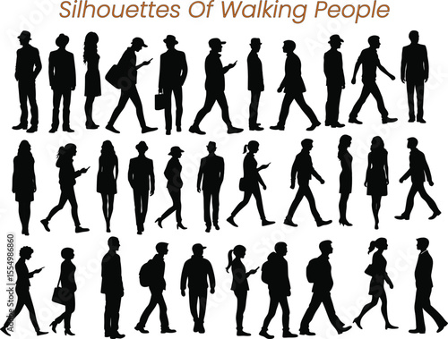 Collection of diverse black silhouette illustrating people walking and engaging in daily activities. silhouettes, people, walking, activity.