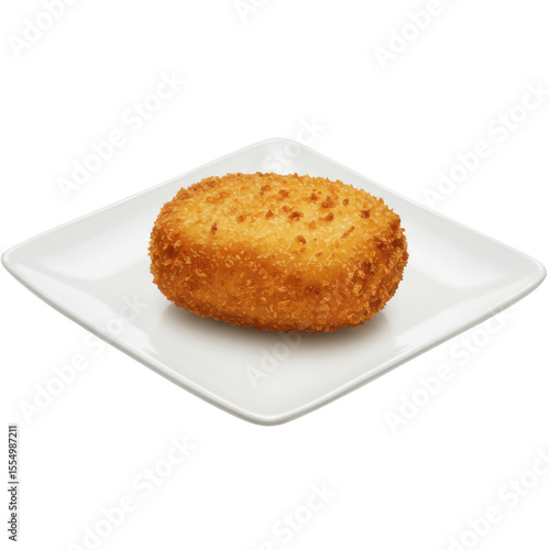 Golden-brown breaded croquette on square plate