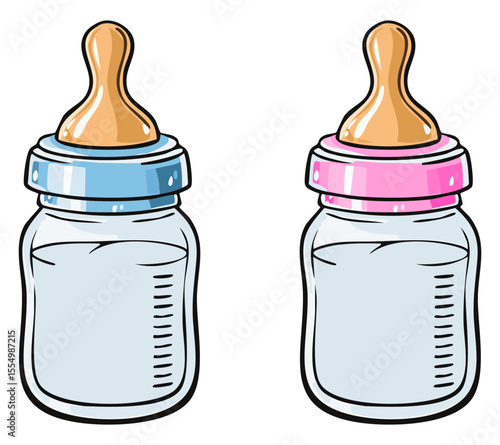 Baby bottle set in pink and blue, isolated 