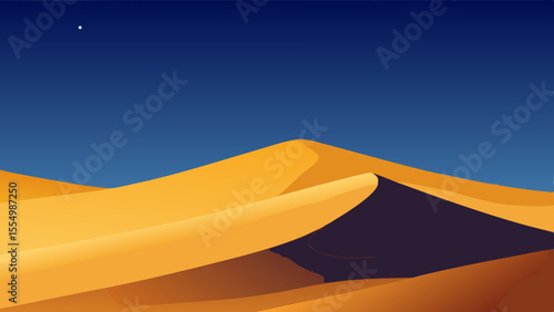 Stylized desert landscape with rolling sand dunes under a clear dark blue night sky