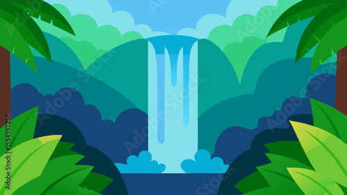 Vibrant jungle scene with a cascading waterfall and lush green foliage