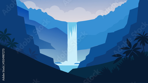 Serene blue waterfall cascading down rocky cliffs in a lush jungle landscape