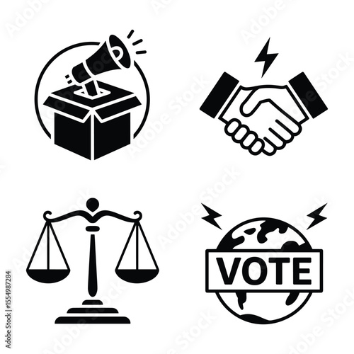 Vote and Justice Icons: A striking collection of vector graphics, including icons representing voice, agreement, equilibrium, and the power of choice, promoting the values of fairness, participation.