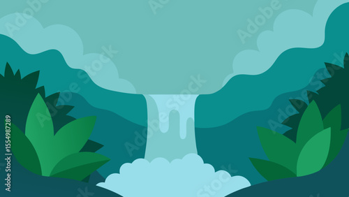 Serene waterfall cascading through lush green jungle foliage and misty cliffs