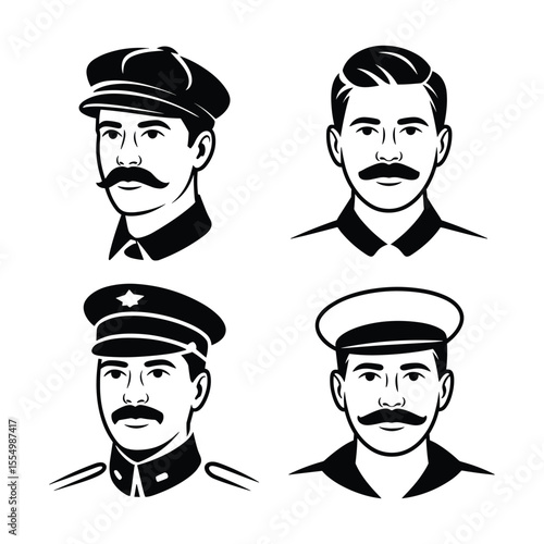 Vintage Portrait Set: A collection of intricately drawn portraits of distinguished men with iconic mustaches and various hats, capturing a sense of classic style and character.