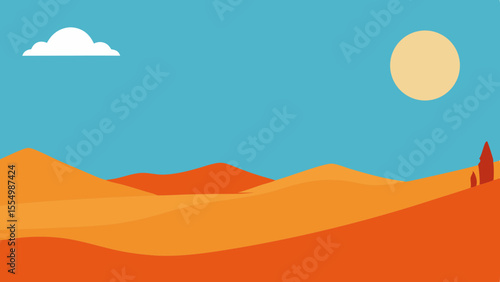 Stylized desert landscape with rolling sand dunes under a clear blue sky