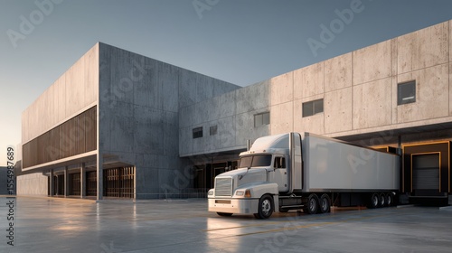 Stunning photo of realistic render of large logistic business transport warehouse dock station. Factory and transport house. Commercial office building.