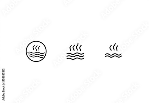 Three minimalist black line icons of steam rising from wavy water symbol