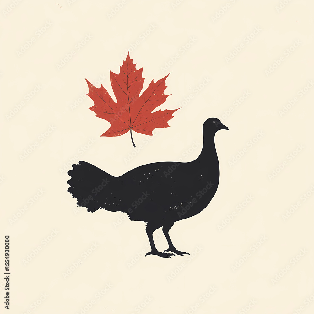 Fototapeta premium Turkey silhouette with red maple leaf on cream background Generative AI