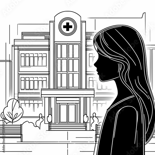 Young woman standing in front of hospital building outline