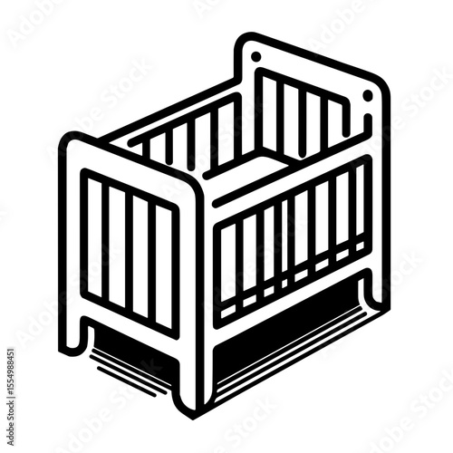 Minimalistic black and white line art illustration of a crib  
