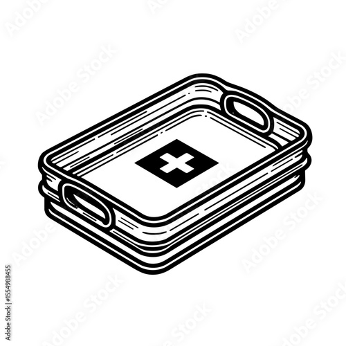Minimalistic black-and-white medical tray with first aid symbol  