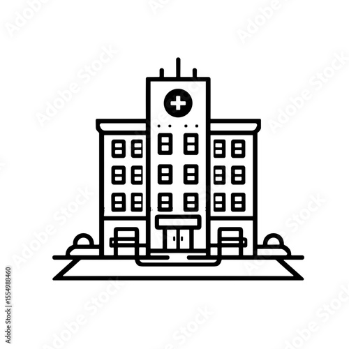 Minimalistic black and white line art illustration of hospital building  