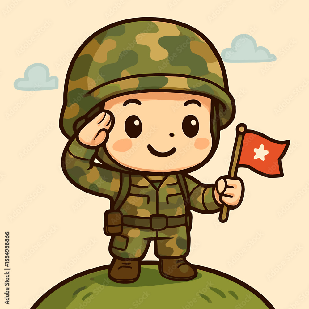 Cheerful Cartoon Soldier Saluting with Flag Cheerful Cartoon Soldier Saluting with Flag