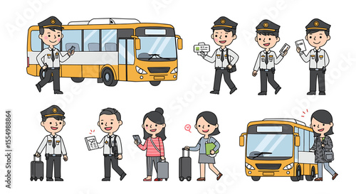Cartoon bus drivers and passengers with tickets and luggage illustrations