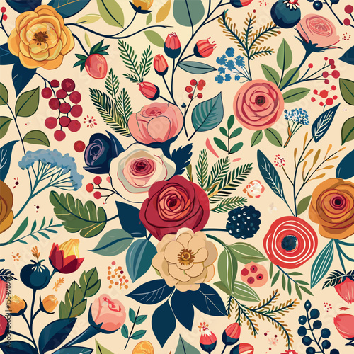 Floral Vector seamless pattern with roses garden flowers and plants, fruits, berries for fabric, textiles, clothing, wrapping paper, cover, banner, home decor