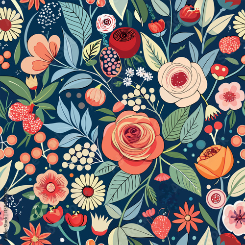 Floral Vector seamless pattern with roses garden flowers and plants, fruits, berries for fabric, textiles, clothing, wrapping paper, cover, banner, home decor