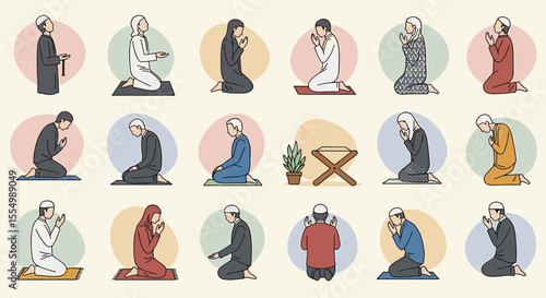 Diverse Muslim Individuals in Prayerful Poses