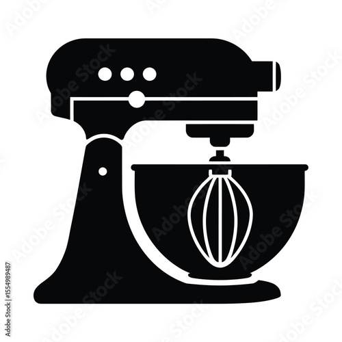 A black and white silhouette illustration of a stand mixer against a white background