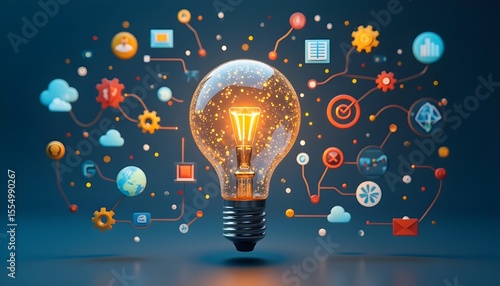 Central idea and innovation concept shown by a glowing lightbulb connected to a network of business and technology icons.