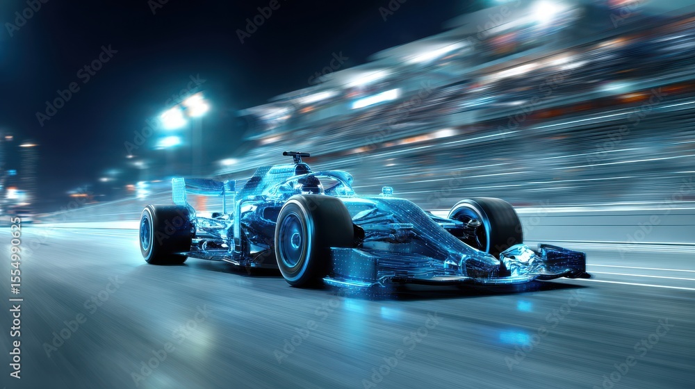 Obraz premium Powerful acceleration of a generic blue Formula One car on the night racing track of a sports stadium in motion blur. The concept of fast and powerfu.