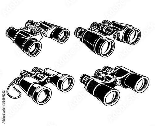 Different styles of vintage binoculars set