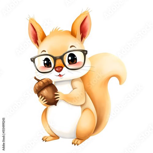 Adorable squirrel with tiny glasses holding acorn.