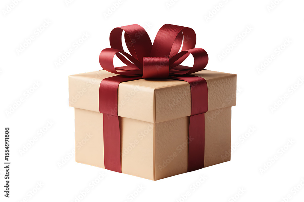 A simple beige gift box with a deep red ribbon and bow isolated on transparent background A simple beige gift box with a deep red ribbon and bow isolated on transparent background