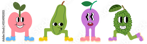 fruits groovy characters set in doodle style. elements for mascot decor postcard design print sticker poster background