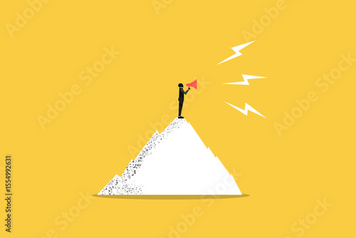 Businessman on top of mountain with megaphone. concept of opportunity, investment, future growth or career development vision, profit and earning forecast