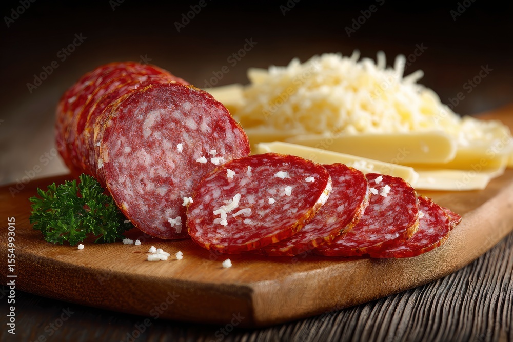 Obraz premium Sliced salami with cheese on a wooden board detailed view